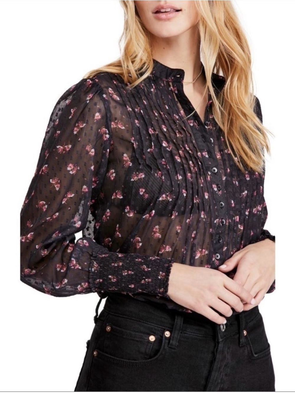 Free People - flowers in December Black Sheer  Blouse - M